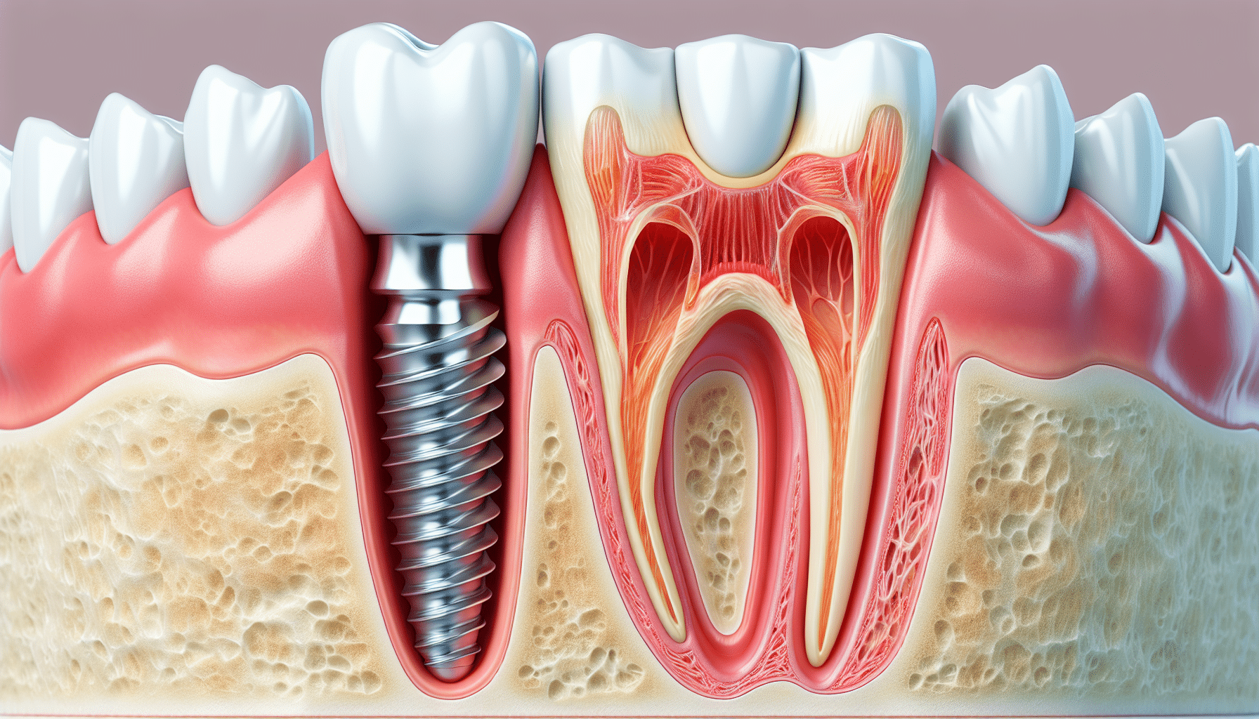 Illustration of a dental implant replacing a missing tooth root, alongside natural teeth